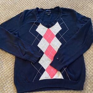 Navy and Pink Argyle Women’s Sweater